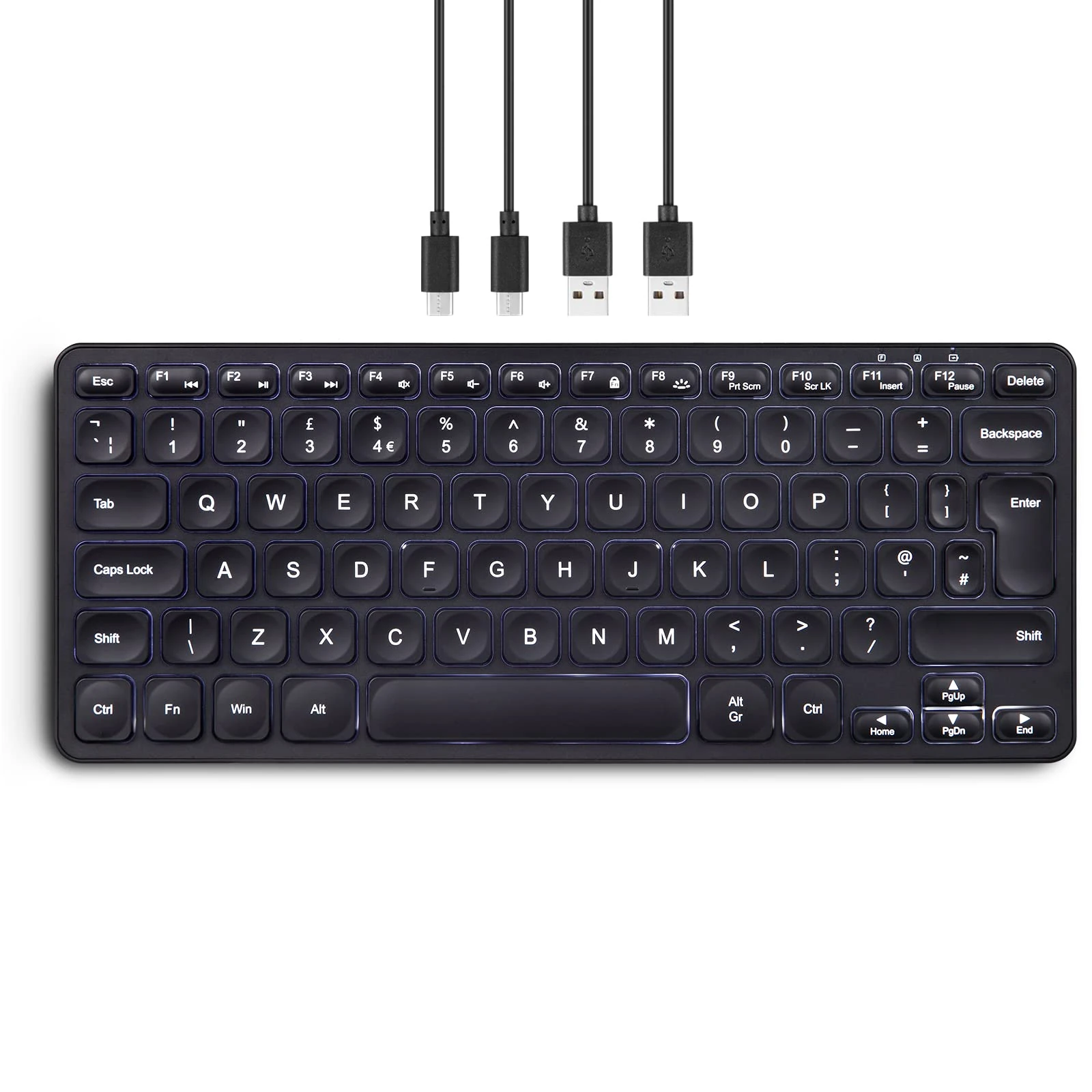 perixx PERIBOARD-616 Wired and Wireless Mini Backlit Keyboard - 4 USB-C and A Hubs - White Backlit - Silent Scissor Keys - Detachable USB-C and A Cable - UK English