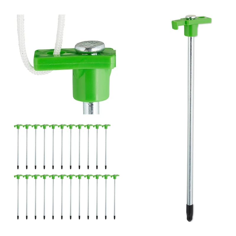 Relaxdays Tent Pegs Set of 24, Ground Anchor for Hard Soil, Camping, Stainless Steel, Hook, Set, 25cm, Light Green