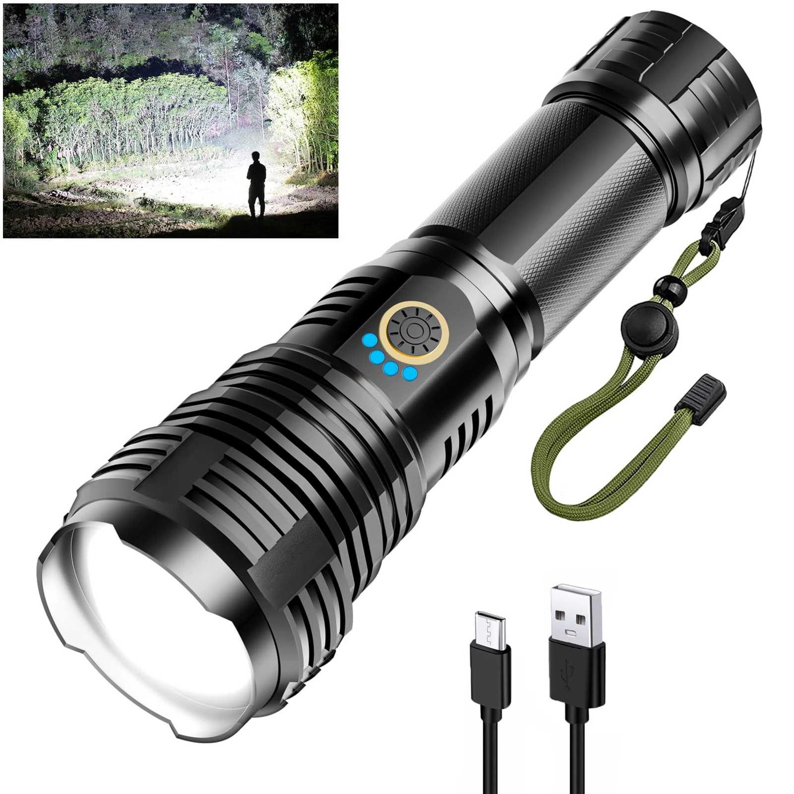 Glarylight Rechargeable Torch, 600000 Lux Torches Led Super Bright, XHP70.2 Powerful Torch with Zoomable, 5 Modes Zoomable IPX7 Waterproof Bright Torches for Camping Emergency