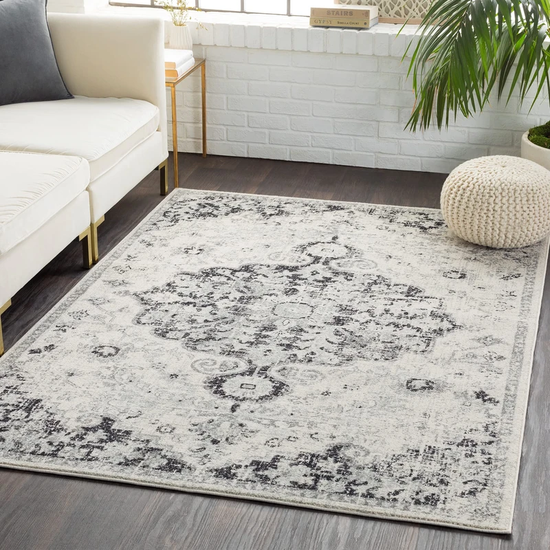 Livabliss Asmara Vintage Rug - Area Rugs Living Room 200x275 cm, Dining Floor, Kitchen, Traditional Multicoloured Boho Rug, Easy Care Pile, Bohemian Large, Grey, Black and White