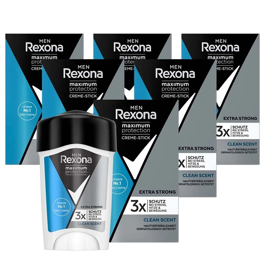 Rexona Men Maximum Protection Antiperspirant Deodorant Cream Clean Scent with 48 Hours Protection Against Strong Sweating and Body Odour 45 ml Pack of 6