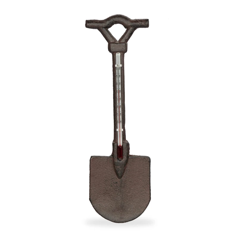 Relaxdays Thermometer, Spade, Outdoor, Garden, Decoration, Read Temperature, Wall Ornament, Decor, HxW: 30 x 9 cm, Brown - Image 1