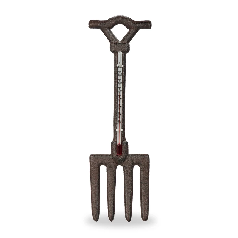 Relaxdays Thermometer, Pitchfork, Outdoor, Garden, Decoration, Read Temperature, Wall Ornament, HxW: 30 x 9 cm, Brown, Cast iron, 30 x 9 x 1.5 cm