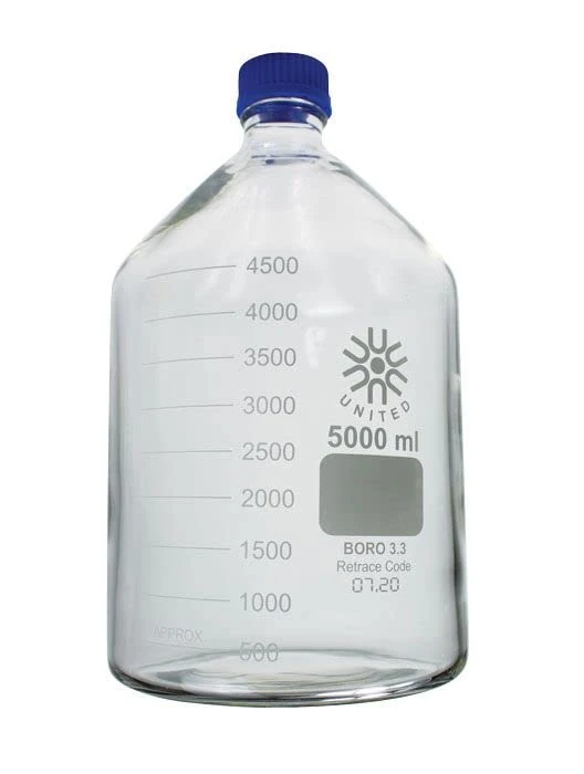 United Scientific ™ 5000mL (5L) Laboratory Grade Round Media Storage Bottles with GL45 Screw Cap, 3.3 Borosilicate Glass