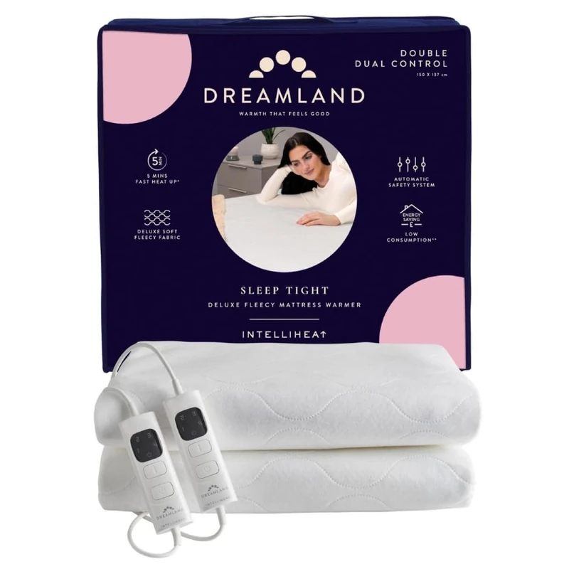 Dreamland Sleep Tight Electric Blanket – Premium Heated Fitted Underblanket with 6 Heat Settings, Fast Heat, Overheat Protection & Machine Washable, Timer, 150 x 137cm - Double Size Two Controllers