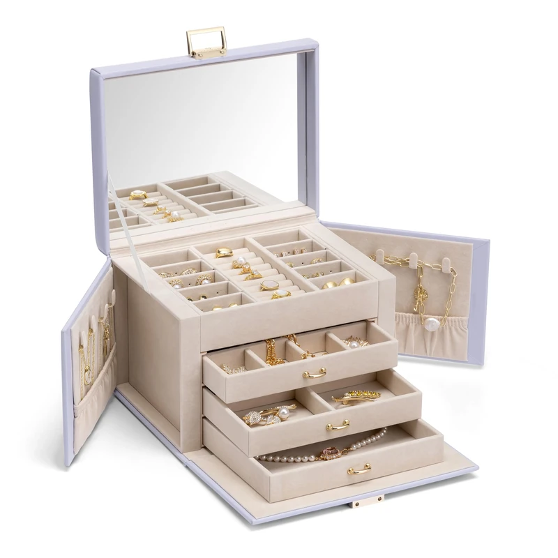 Vlando Jewelry Box for Women - Faux Leather Travel Case With Mirror for Earrings, Necklace, and Rings Storage