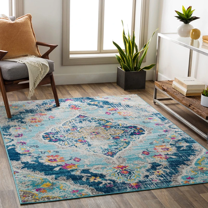 Livabliss Palma Vintage - Runner Rugs Living Room 90x150 cm, Hallway, Kitchen Area - Traditional Multicoloured Boho Rug, Easy Care - Bohemian Large Rug, Blue, Fuchsia, Mustard
