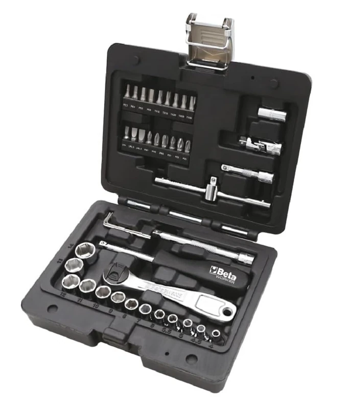 BETA - 903E/C42 Socket Wrench Box, Set of 13 Hexagonal Socket Wrenches, 18 bits for Screwdrivers, 4 Hexagonal Male Wrenches and 7 Accessories in Plastic Box