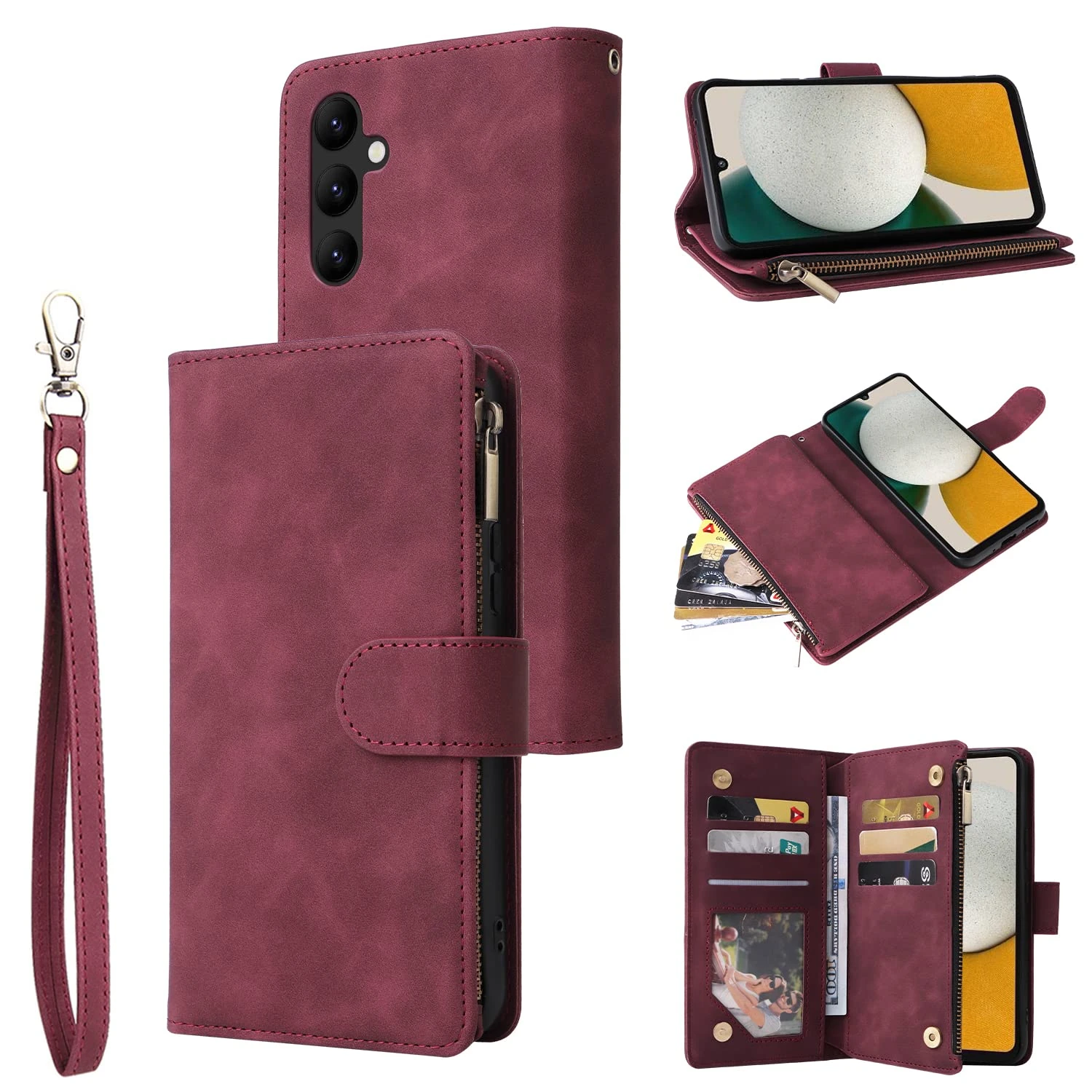 Unichthy For Samsung Galaxy A13 5G / A04S Zipper Case 6 Card Slots Strap Shockproof Leather Flip Wallet Handbag Zip Pocket Phone Cover Stand Magnetic Purse for Samsung Galaxy A13 5G / A04S Claret