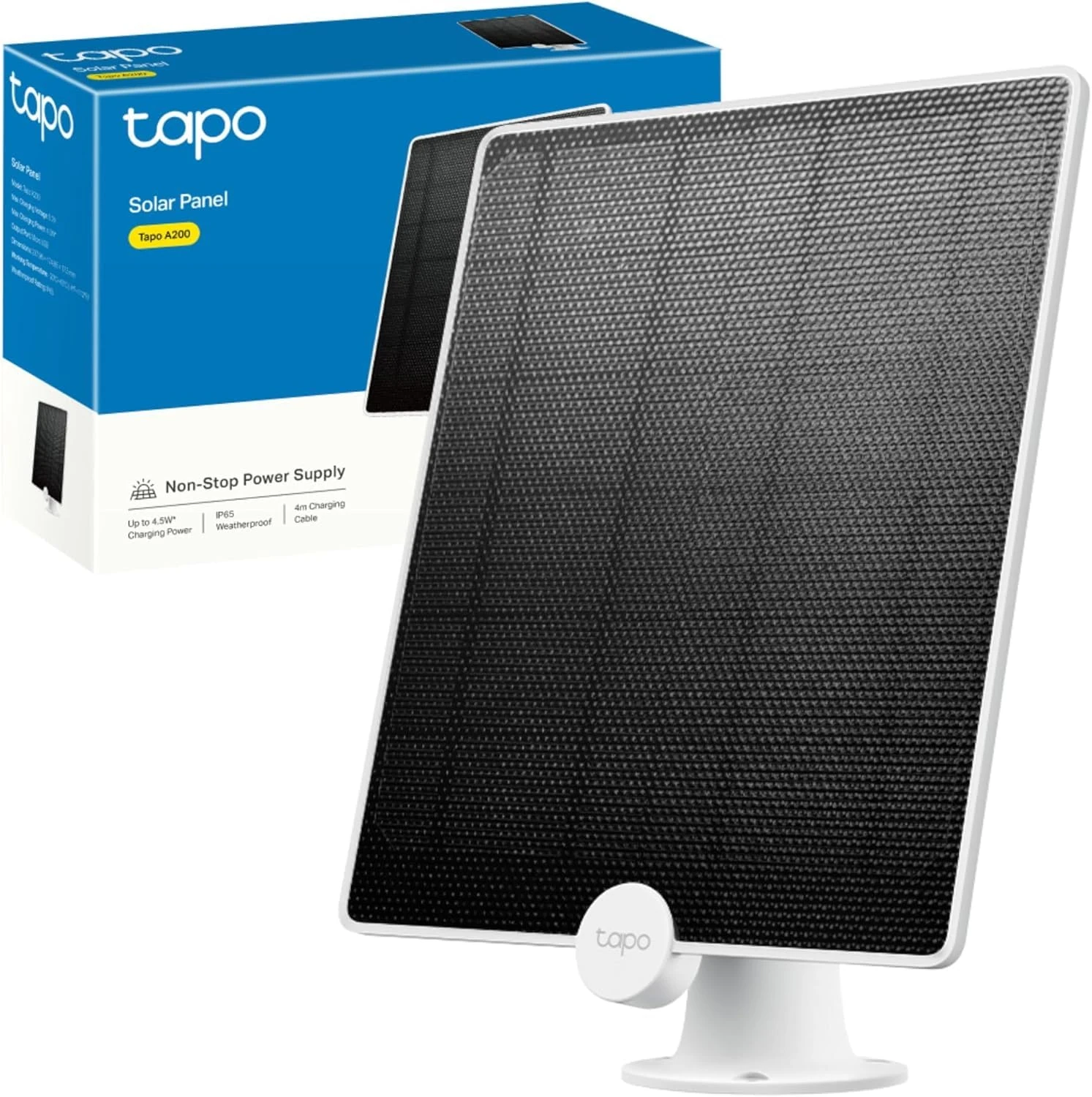 Tapo A200 Solar Panel For Security Camera, 4m Charging Cable to Connect, Non-Stop Solar Power, 4.5W Charging Power, IP65 Weatherproof, 360° Adjustable Mounting Bracket, Works with Tapo Battery Cameras