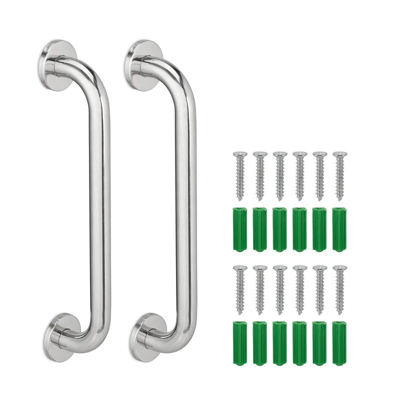 Relaxdays Set of 2 Grab Handles, Stainless Steel, Shower & Bath, 200 kg, Support for The Elderly, Disability Aid, Silver, 6 x 40 x 8 cm
