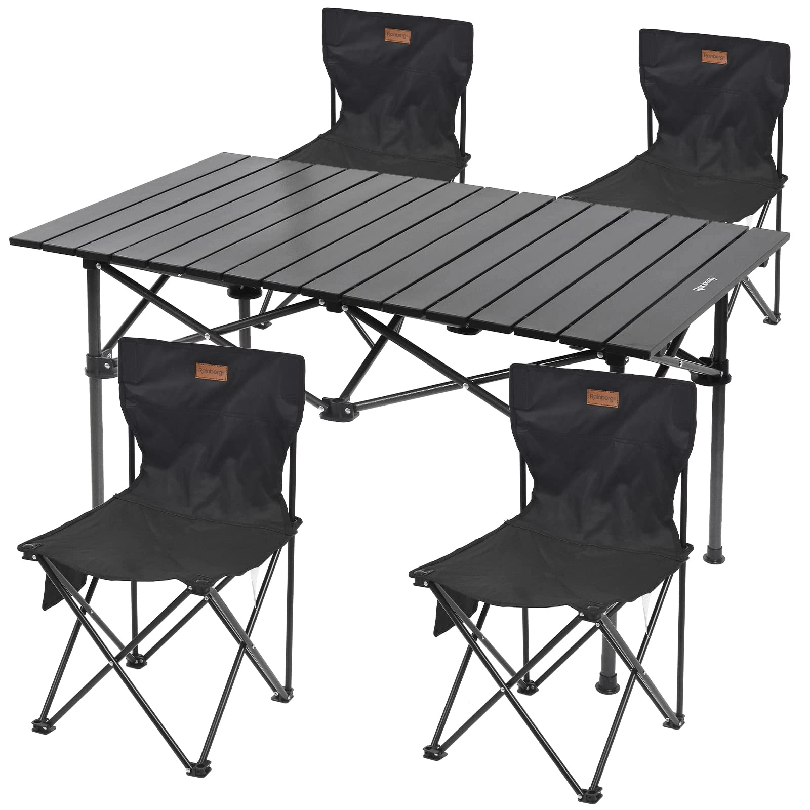 Rainberg Foldable Camping Table Set with 4 Chair, Outdoor Indoor Use for BBQ, Picnic, Garden Parties, Foldable Portable Design. (Big Table with 4 Chairs, Black)