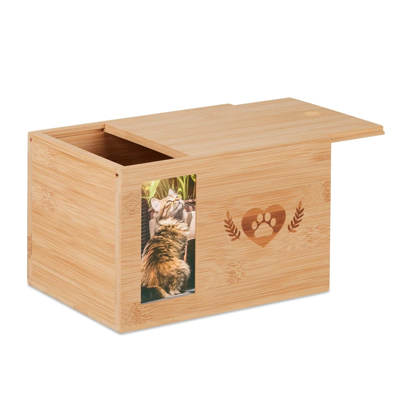 Relaxdays Pet Urn, Bamboo, Memorial Box for Dogs & Cats, with Photo, Ashes Box, HxWxD: 14,5 x 19,5 x 14,5 cm, Natural - Image 1