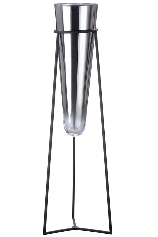 GILDE XL Vase with Metal Stand - Silver Glass Vase - Black Metal Stand - Total Height 82 cm