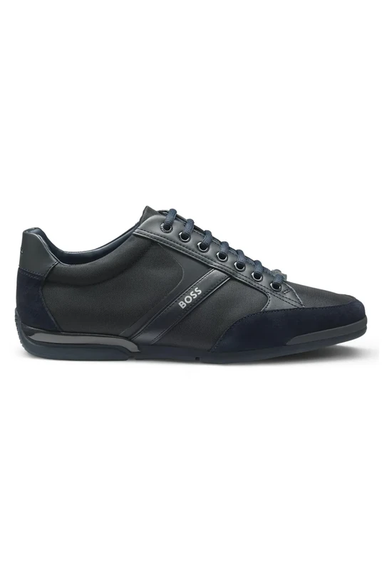 BOSS Mens Saturn Lowp Mixed-Material Trainers with Suede and Faux Leather Size 9 Dark Blue