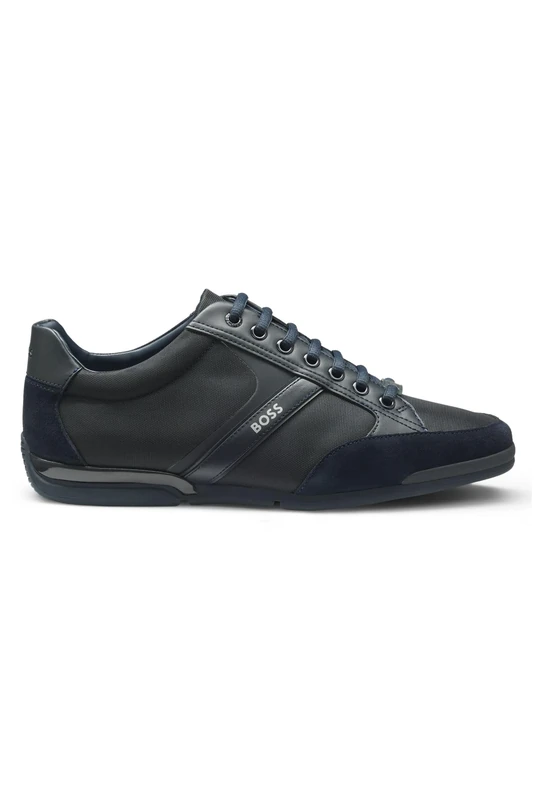 BOSS Mens Saturn Lowp Mixed-Material Trainers with Suede and Faux Leather Size 6 Dark Blue