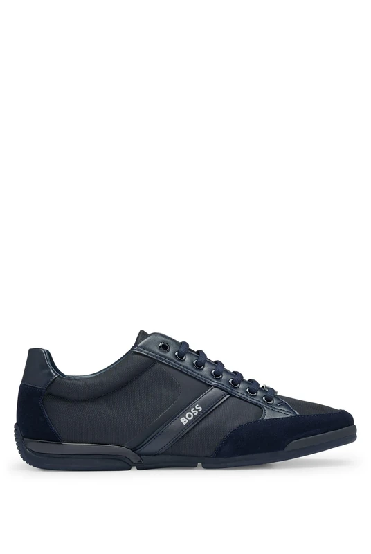 BOSS Mens Saturn Lowp Mixed-Material Trainers with Suede and Faux Leather Size Dark Blue