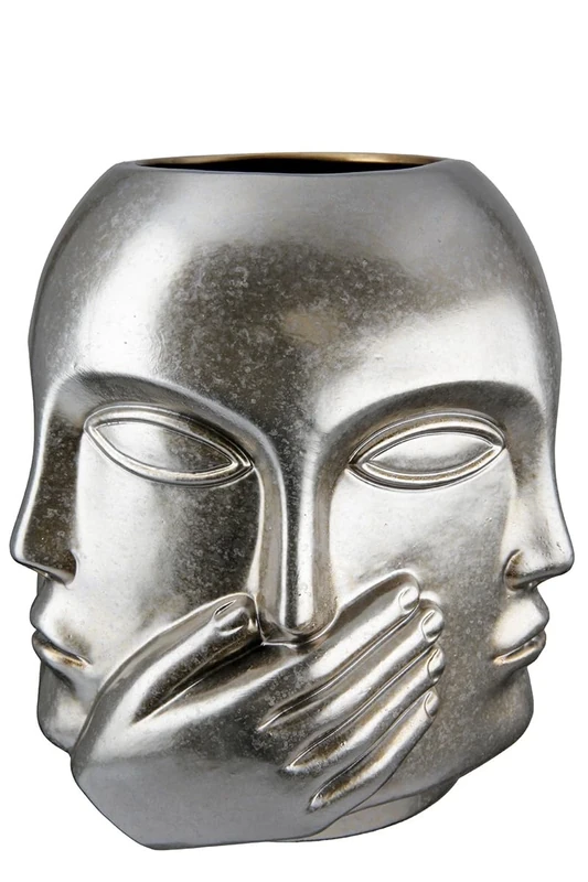 GILDE Vase Flower Vase Ceramic Face Vase Hear Nothing See Say - Waterproof European Manufacture - Colour: Antique Silver Height 23 cm
