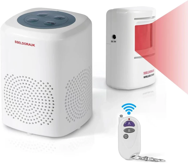 S SELDORAUK Motion Sensor, PIR Dog Barking Alarm Doorbell Guard Wireless Infrared Detect Alert Door Chime Wall Mounted for Home Security Repelling Wildlife 1000ft 110dB (1Receiver+1Detector+1Remote)