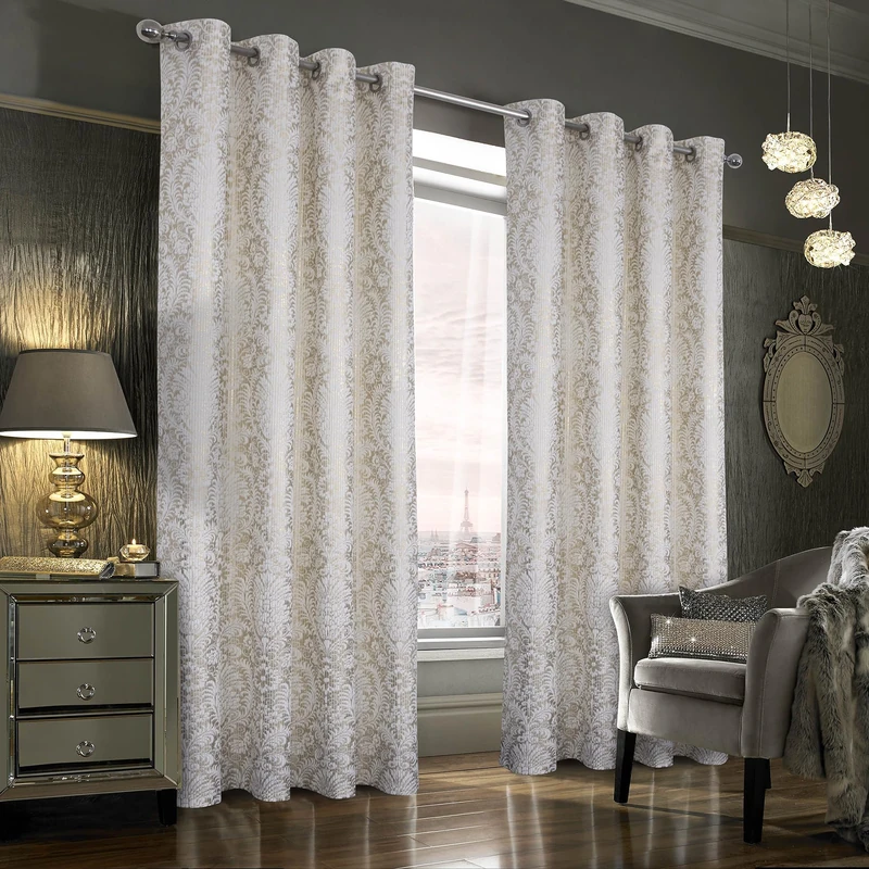 always4u 100% Blackout Damask Foil Print White and Gold Ridged Velvet Curtains 95 Inches Long Drapes 2 Panels Shiny Metallic Window 54 * 108 Inches