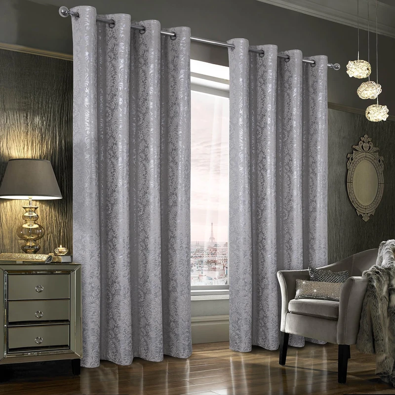 always4u 100% Blackout Damask Foil Print Ridged Velvet Curtains 84 Inches Long Drapes 2 Panels Shiny Metallic Window Treatment Silver 54 * 84 Inches