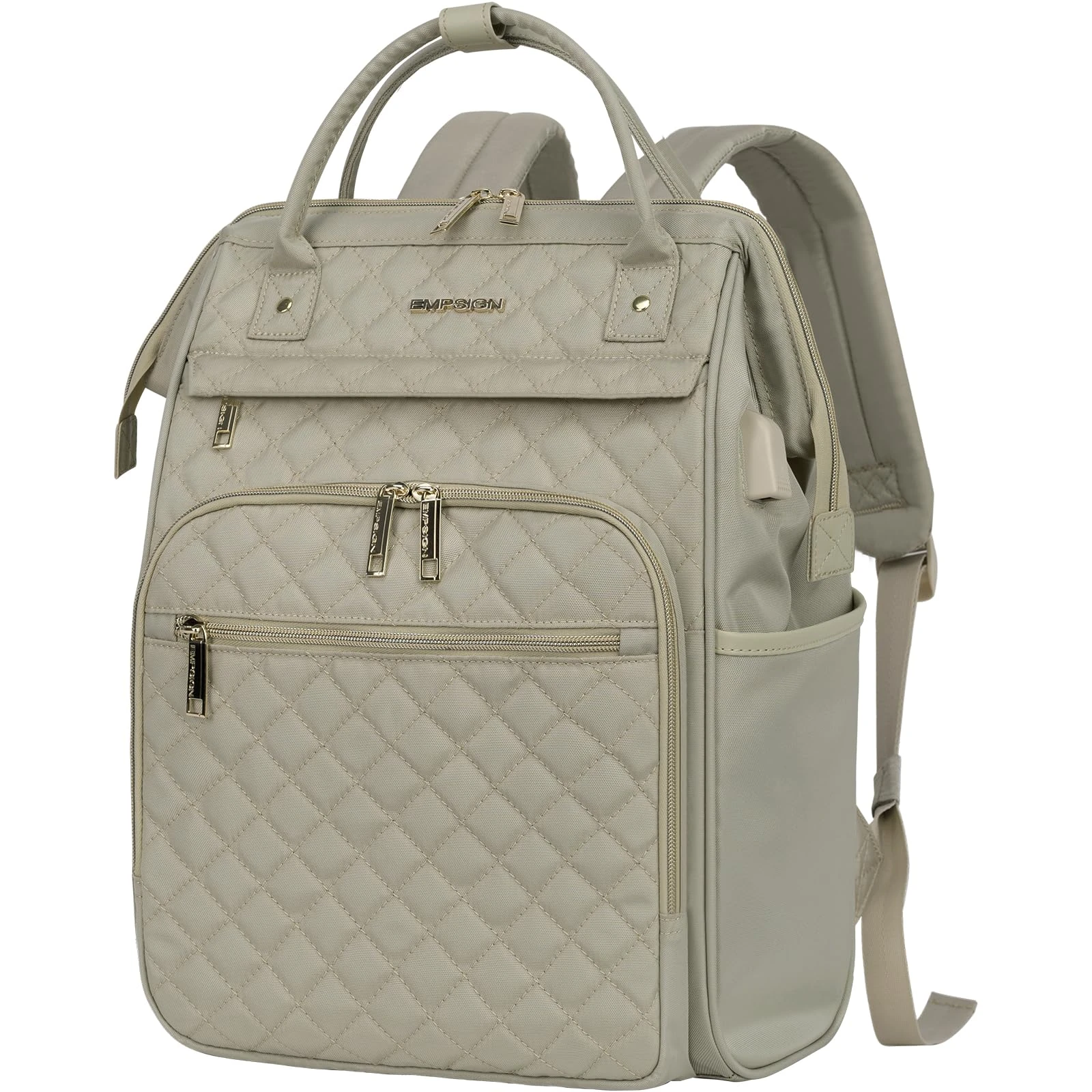 EMPSIGN Laptop Backpack Women 17 Inch, Large Laptop Rucksack Wide Open, College School Backpack with USB Charging Port, Water Repellent Travel Business Work Bag Computer Bookbag for Men, Beige