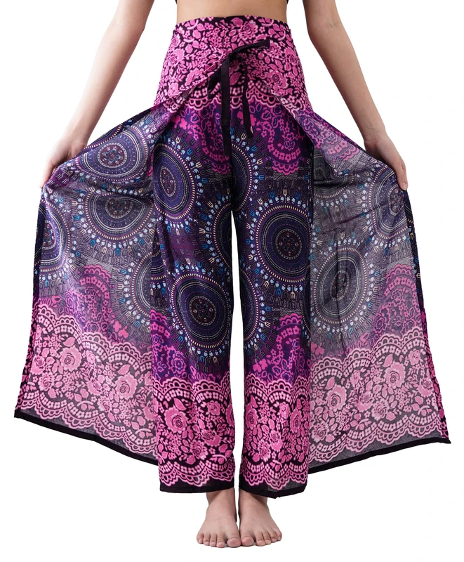 B Bangkok Pants Women's Boho Palazzo Pants Wide Leg Yoga Wrap Tie Up Waist, Bohorose Pink, One Size