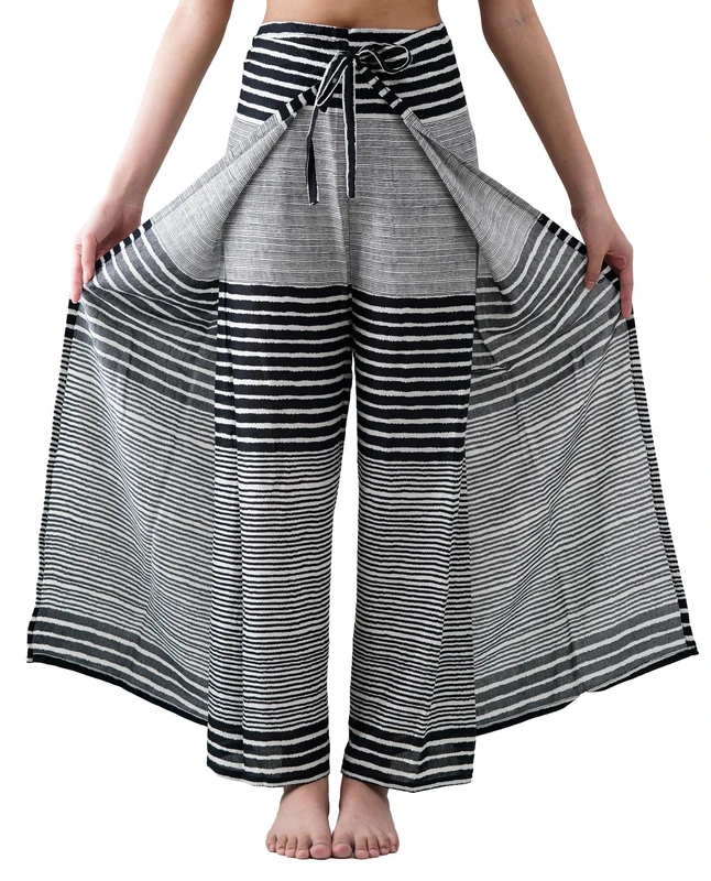 B Bangkok Pants Women's Boho Palazzo Pants Wide Leg Yoga Wrap Tie Up Waist, Black Stripe, One Size