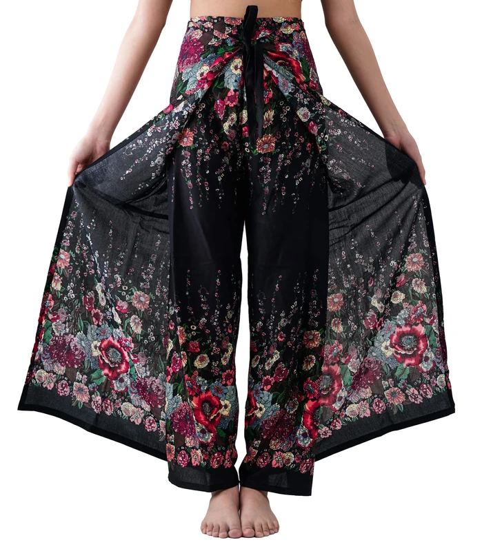 B BANGKOK PANTS Women's Boho Palazzo Pants Wide Leg Yoga Wrap Tie Up Waist, Black Floral, One Size