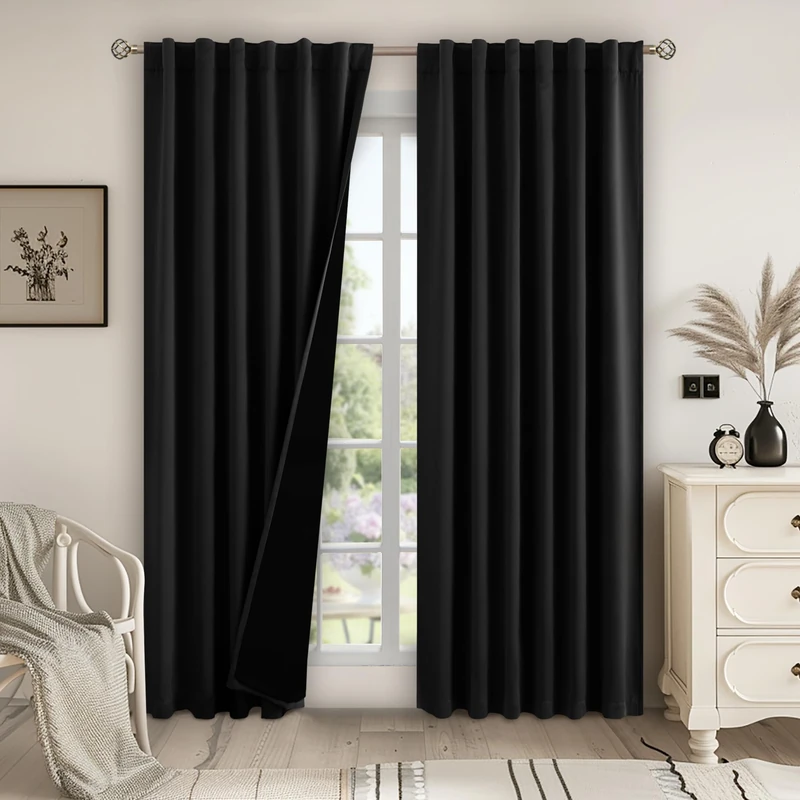 BGment Full Blackout Curtains with Thermal Insulation Liner Curtains 90 Inches Long, Rod Pocket and Back Tab Double Layer Room Darkening Window Curtain for Bedroom(52 x 90 Inch, 2 Panels, Black)