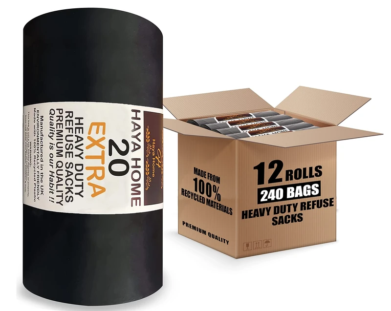 Haya Home 240 EXTRA LARGE Heavy Duty Bin Bags 100L Black Plastic Bin Liners 45 μm Refuse Sacks Ultra Strong Heavy Duty Waste Dustbin Bags for Kitchen Home Office DIY Garden Use 100% Recycled Material