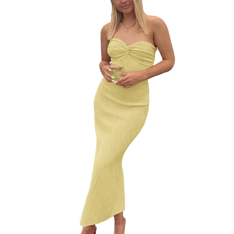 Sdencin Women Sexy Twist Knot Front Ribbed Knit Bodycon Bandeau Tube Dress Casual Solid Strapless Maxi Long Dress, Yellow, M