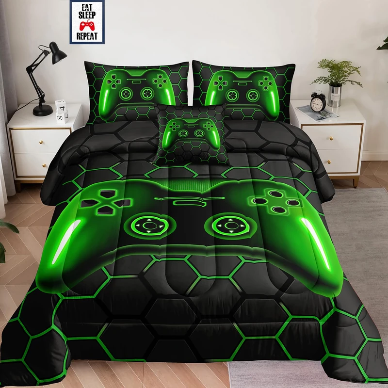 lris Bedding 5 Pieces Bed in a Bag for Boys Sets Twin Size,Gamer Comforter Kids, Gaming Set Room Decor with Flat Sheet,Fitted Sheet,Pillowcase,Cushion Cover, A34-green