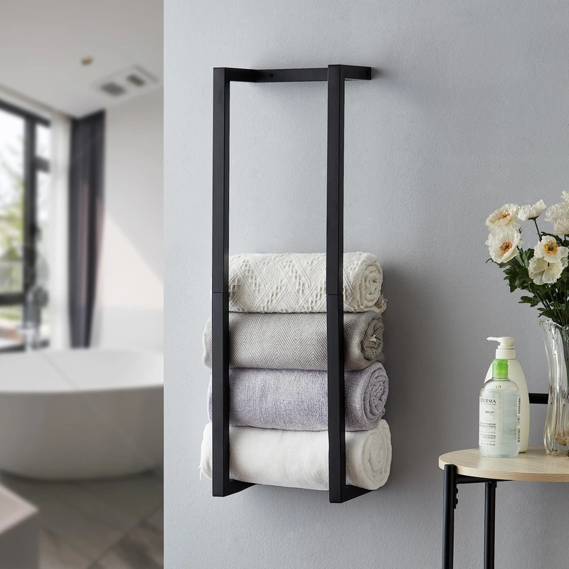 Wall Mounted Metal Bathroom Organizer - Bath Towel Holder for Modern Small Space, Black