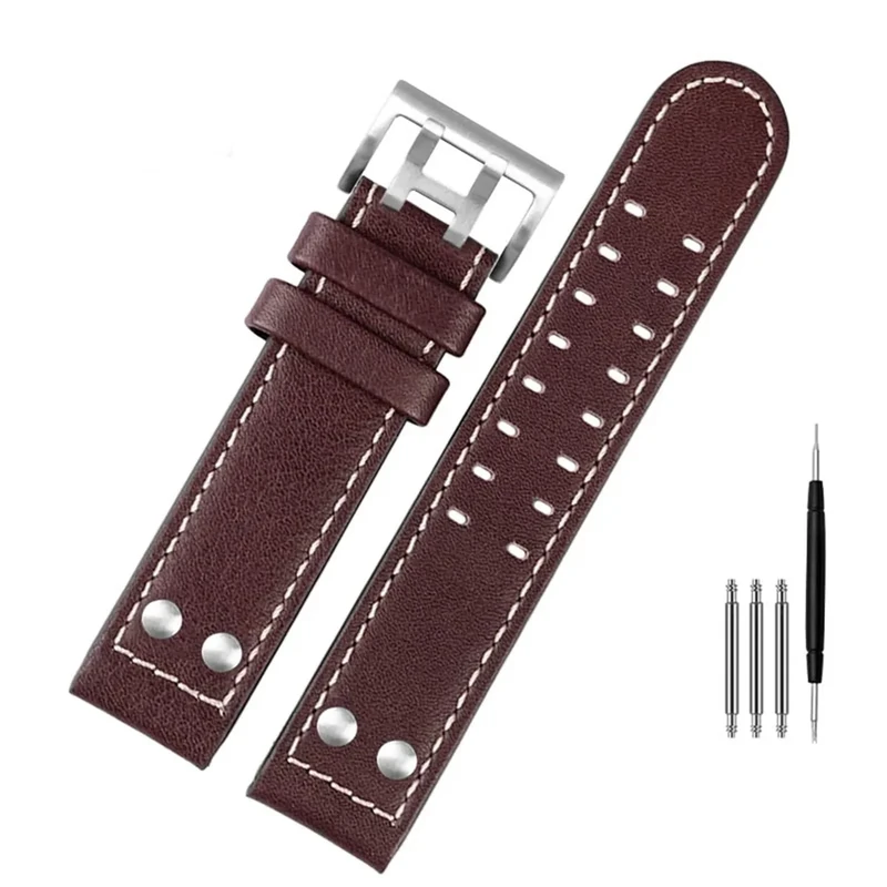 FFHAO Genuine Leather Watch Band for Hamilton Khaki 20mm Dark Brown