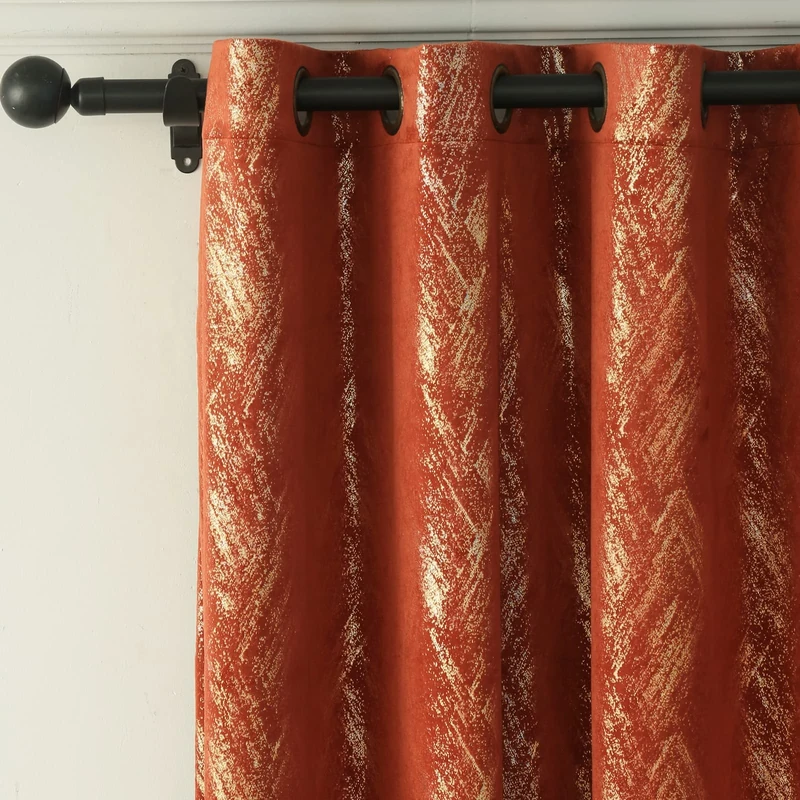 Tootop Burnt orange velvet curtains champagne gold foil print shiny geometric pattern luxury living room bedroom thick super soft thermal insulation darken curtains grommet 2 panel (52 x 96) Inch - Image 1