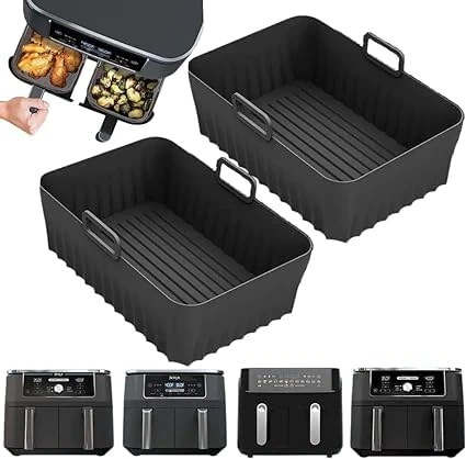 Silicone Air Fryer Liner 2-Pack for Ninja Duel AF451UK/AF400UK 9.5L /Tower T17088/Instant Vortex/Salter and All 8.5-9.5 Litre Dual Air Fryers, Ninja Double Stack Compatible