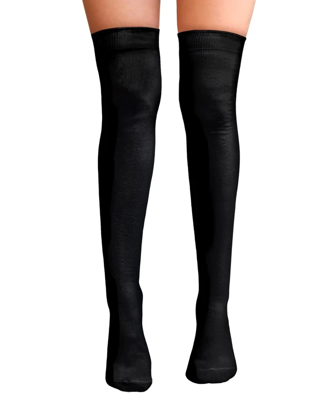 NuJake Over The Knee Thigh High Socks Girls Plain Cotton Lycra Cosplay School Sox (Black)