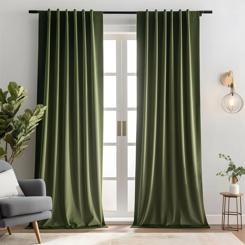 Aljctns Olive Green Velvet Curtains 84 inch Length for Living Room Luxury 80% Blackout Curtains for Bedroom,Thermal Insulated Super Soft Window Drapes Rod Pocket & Back Tab,52" W x 84" L, 2 Panels