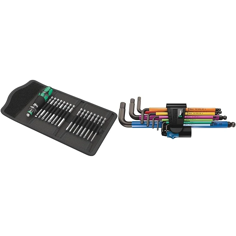 Wera Kraftform Kompakt 60 Bit-Holding Screwdriver & Bit Set, PH/PZ/SL/TXBO/HEX, 17pc, 05059295001 & 950 SPKL/9 SM HF Multicolour L-Key Set Metric BlackLaser with HOL