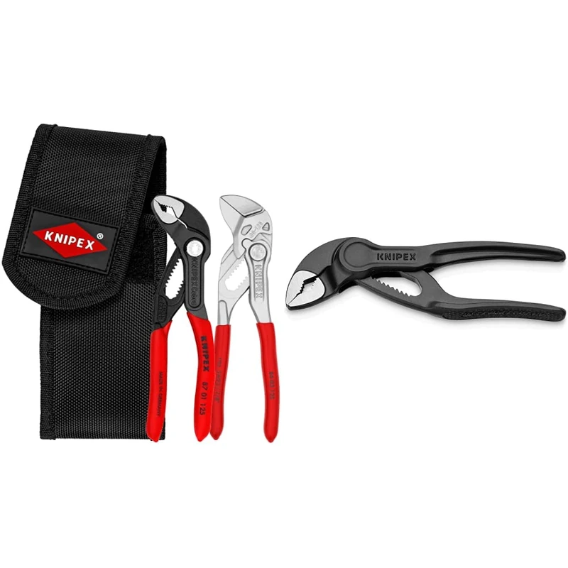 Knipex Mini Pliers Set in Belt Tool Pouch (self-Service Card/Blister) 00 20 72 V04 & Cobra® XS Water Pump Pliers Grey atramentized, Embossed, Rough Surface 100 mm 87 00 100