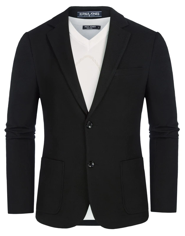 PJ PAUL JONES Men's Casual Knit Blazer Suit Jackets Two Button Lightweight Unlined Sport Coat, Black-Ribbed Texture, L