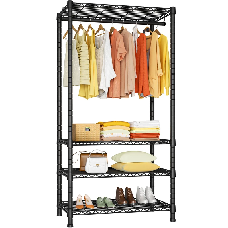 Ulif H2 Heavy Duty Clothes Rack, Freestanding 4 Tiers Garment Rack for Hanging Clothes with Shelves and Hangers, Closet Organizers and Storage Metal Closet Wardrobe System, Max Load 500 LBS, Black
