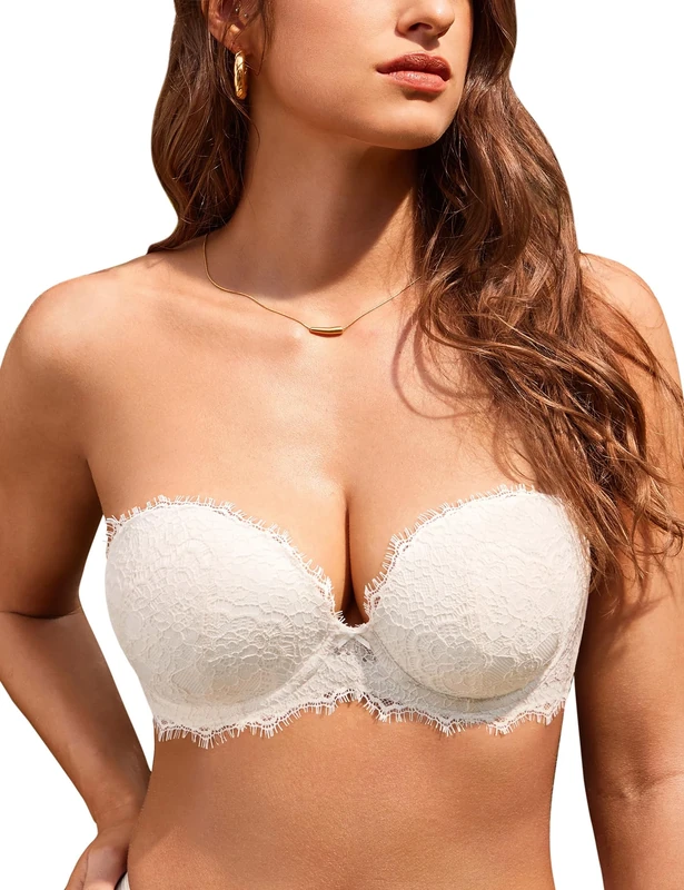 DOBREVA Women's Strapless Push Up Bra Lace Underwire Padded Plunge Silicone Bandeau Bra Coconut White 40D