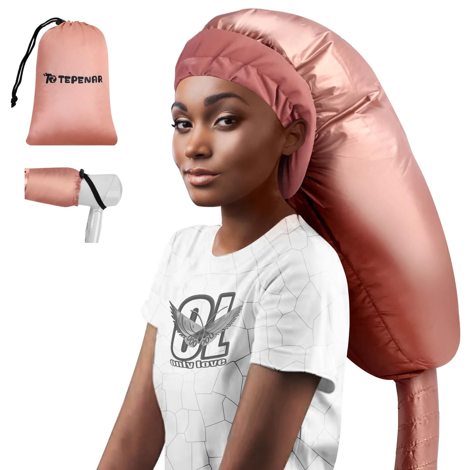 TEPENAR Bonnet Hair Dryer Attachment: Upgraded Extra Large Adjustable Hair Dryer Cap - Easy to Use for Natural Curly Textured Hair Care Styling Fast Drying - Rose Gold