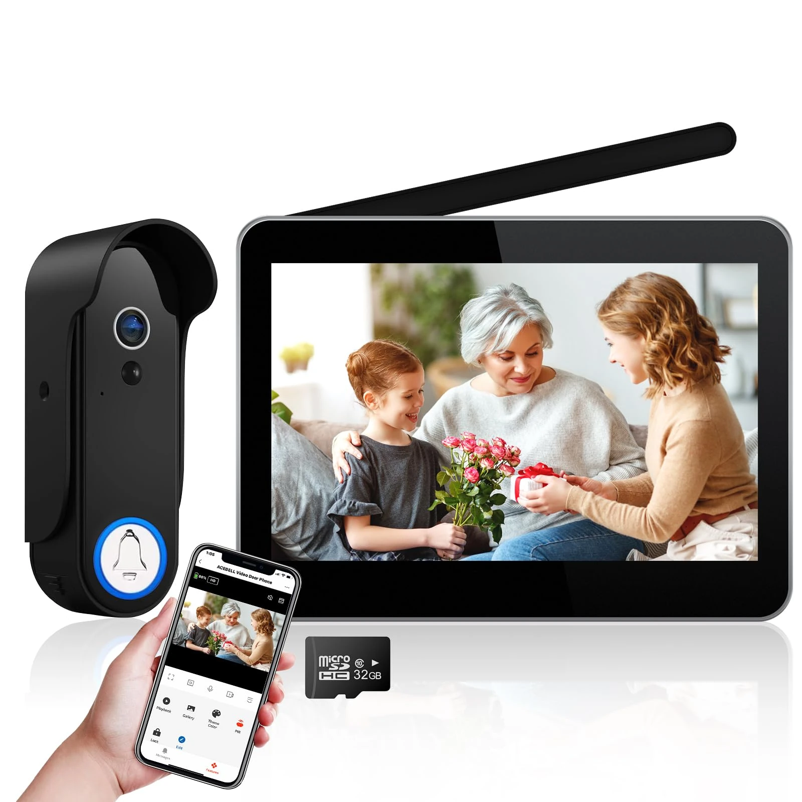 ACEBELL WiFi Wireless Video Door Phone, 1080P Doorbell Camera with Monitor, Video Intercom System with 7'' Touch Screen Monitor, Motion Detection, No Monthly Fee, Remote Unlock Via Tuya APP