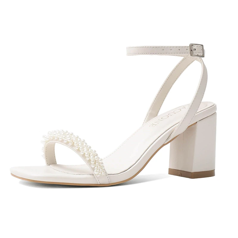 LACUONE Women's Mid Heels Square Toe Chunky Block Heeled Strappy Ankle Buckle Pump Sandals, I-pearl White, 7 UK