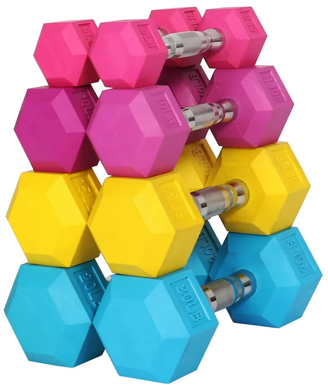 Fitvids Colored Rubber Encased Hex Dumbbell, Set Including 5, 10, 15, 20LB Pairs