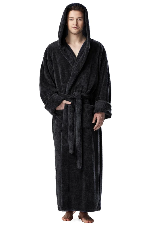 Arus Men's Fleece Robe, Long Hooded Turkish Bathrobe, Black, XX-L