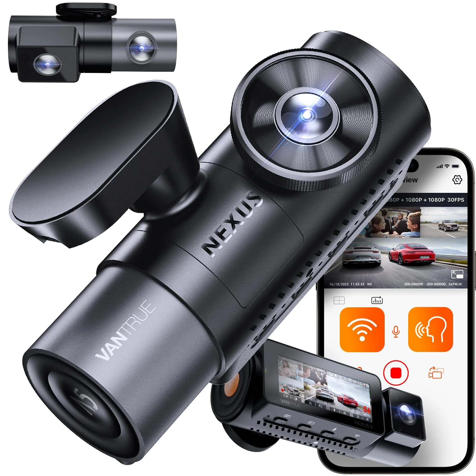 VANTRUE N5 Dash Cam 4 Channel 2.7K 5G WiFi GPS, STARVIS 2, 360° Dashcam for Cars Front Rear Inside, Dash Camera Voice Control HDR IR, Car Dash Cam 24H Buffered Parking Mode, Support 512GB